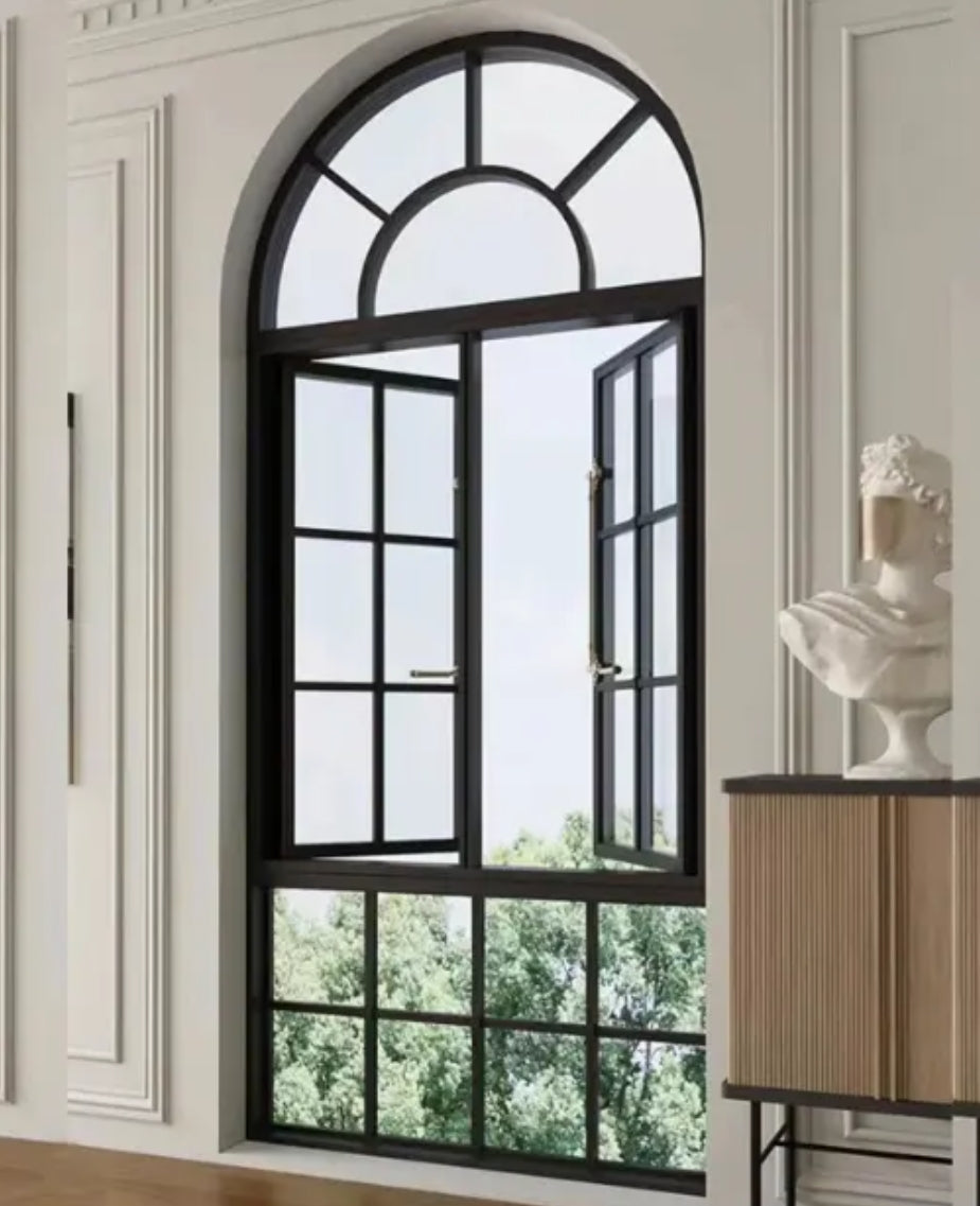 Luxury French Style Curved Thermal Break Aluminum Alloy Windows With Grids Arched Double Glazed Windows