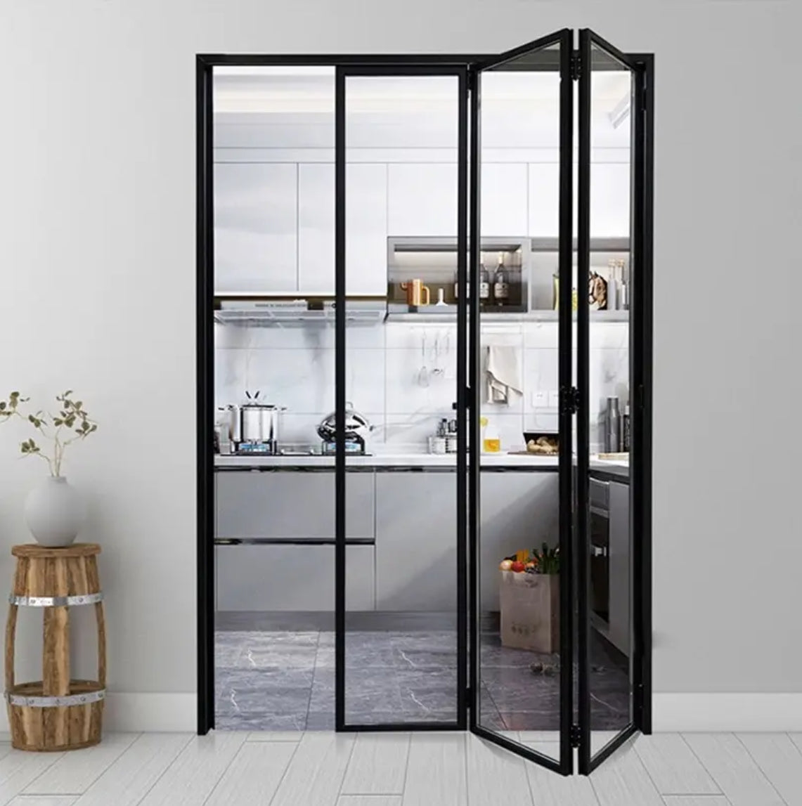 The very simple and narrow style of aluminum folding sliding doors suitable for the kitchen very popular in Europe America